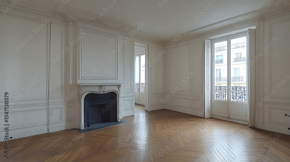 Elegant empty apartment with white walls fireplace and large windows in paris ready for interior decoration