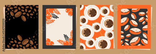 Set of cover books with coffee beans and leaves on minimal background for invitations, cards, banner, poster, cover, cafe menu or another template design. vector illustration.