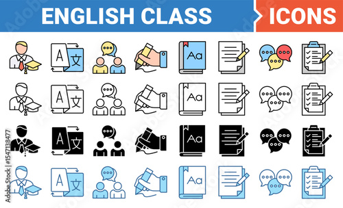 English class banner icon set with multiple style collection.