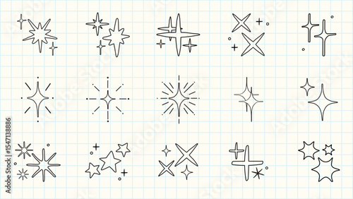 Collection of sparkling star doodles. Star doodles in various shapes. Sparkling elements for creative designs. Star doodles perfect for decoration. Element vector set.