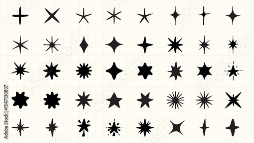 Collection of black starburst and sparkle icons. Starburst icons vary in shape and size. Sparkle icons are bold and dynamic. Perfect for design projects. Element vector set.