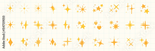 A collection of yellow star and sparkle icons on a grid background. Various star shapes and sparkles. Decorative yellow icons for design. Star and sparkle motifs. Element vector set.