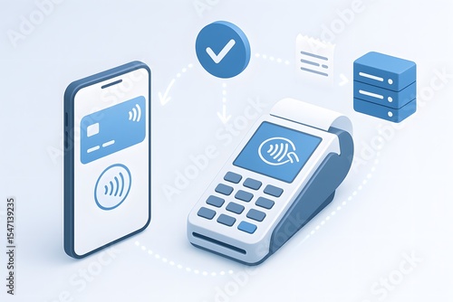 Isometric 3D Mobile Payment Illustration. NFC Tap, POS Terminal, Transaction Approval & Data Flow. Fintech Concept in Blue Tones