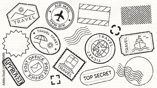 Colorful travel stamps featuring travel icons like planes, boats, and postcards. Travel-themed designs in vibrant colors, perfect for travel enthusiasts. Colorful travel stamps, vector set.