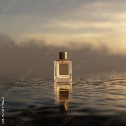 A blank perfume bottle with a gold cap sits on calm water, with a misty, golden hour background. Ideal for product mockups and beauty concepts
