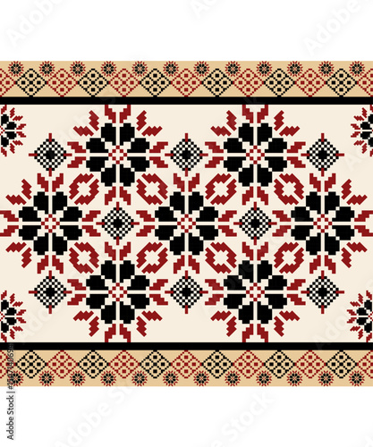 Traditional geometric folk embroidery pattern.Red and black cross stitch textile design.