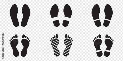 Human footprints icon set. Different human footprints. Human walking footprints shoes and shoe sole. Kids feet and Human foot steps Fun vector footsteps icon or sign for print. Eps 10.