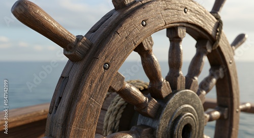 Weathered Wooden Ship's Wheel Atop Ocean Vessel