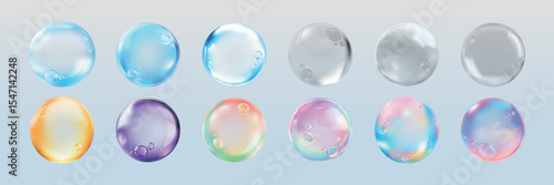 Set of colorful, transparent bubbles with reflections. Bubbles in blue, pink, and green hues. Glossy, round bubbles with a shiny, smooth surface. Soap bubble element vector set.