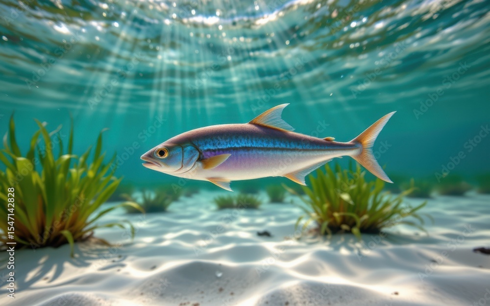 Naklejka premium A vibrant fish swimming in a sunlit underwater environment.