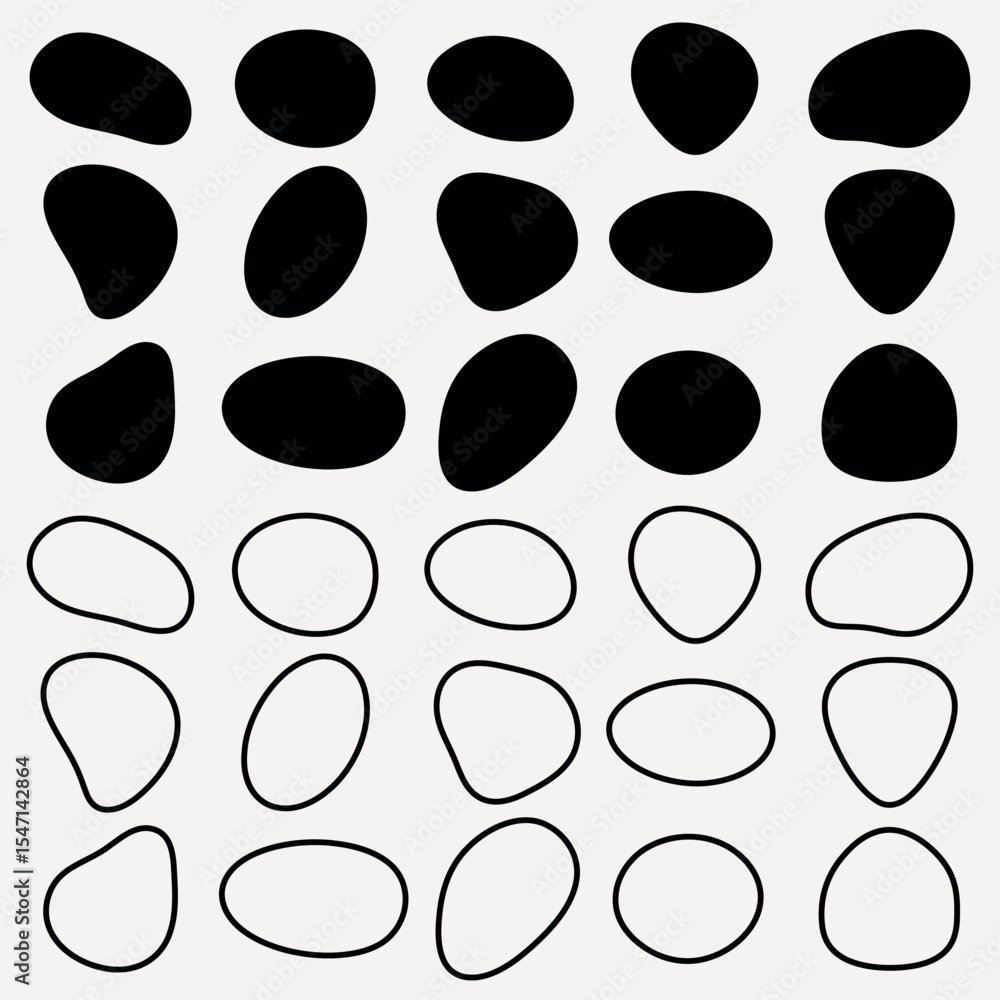 Fototapeta premium Abstract shapes in black and white. Organic shapes repeated in rows. Bold black shapes contrast with outlined white shapes. Unique, abstract design. Black shape vector set.