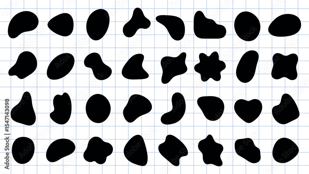 Fototapeta premium Abstract black shapes on a white background. Organic, irregular forms. Various blob-like, fluid shapes. Artistic, abstract design with unique shapes. Black shape vector set.