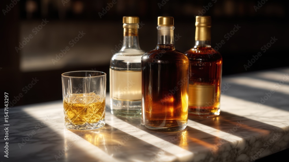Elegant liquor still life featuring whiskey bourbon and spirits bottles bathed in sun on a marble counter perfect for sophisticated advertising campaigns Elegant liquor still life featuring whiskey bourbon and spirits bottles bathed in sun on a marble counter perfect for sophisticated advertising campaigns