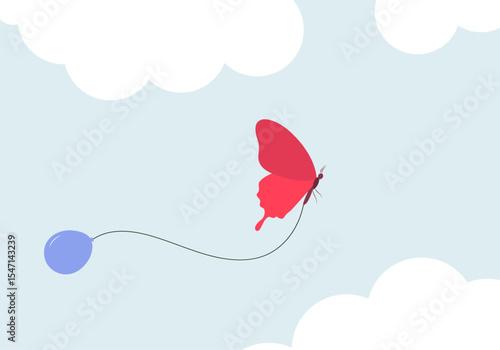 A blue balloon tied to the tail of a flying butterfly – minimalist vector art. 