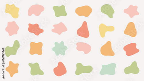 Colorful abstract shapes in various sizes and colors. Abstract shapes create a playful and vibrant pattern. Shapes include blobs and organic forms in bright colors. Pastel shapes, vector element set.