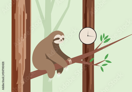 A sloth sitting on a tree branch checking the time – minimalist vector art. 