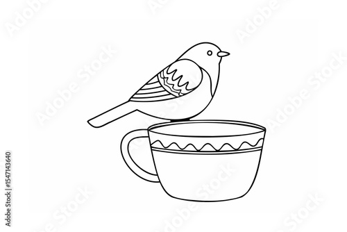 Line drawing bird perched on patterned mug teacup coffee cup