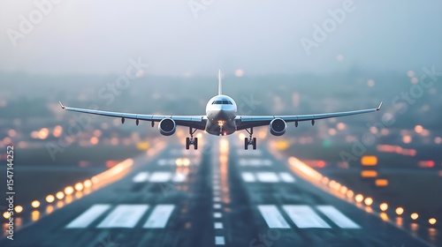 Airplane, Plane, Aircraft, Airplane Landing on Runway at Dusk