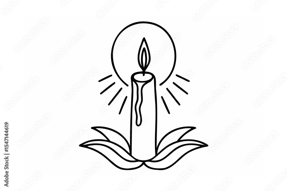 Fototapeta premium Lit Candle with Melted Wax and Leaves Line Art burning candle