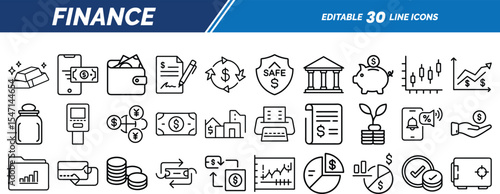 Finance line icons set showcasing banking, currency, investment, payment methods, graphs, and savings in modern minimal outline vector style.