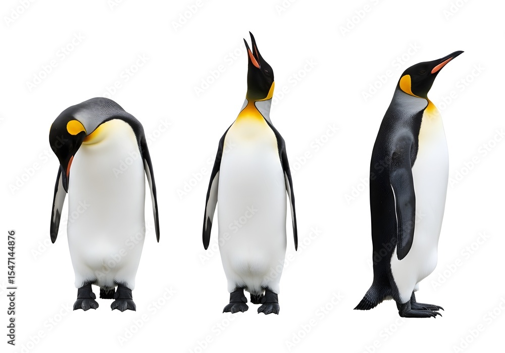 Fototapeta premium Three King Penguins Different Poses White Background
