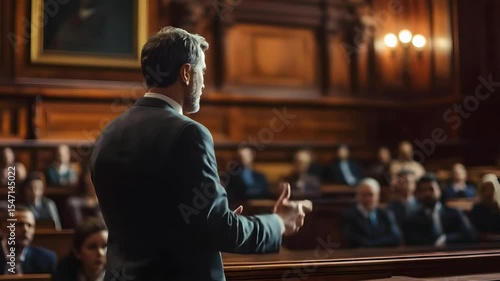 A courtroom scene with a speaker addressing an audience, likely during a trial or legal proceeding.