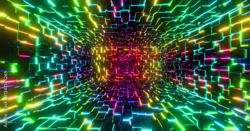 Obraz premium Futuristic glowing neon waving cube background. Shining geometric rainbow lines inside corridor in perspective. Bright retro digital cyberspace. 3D rendering.