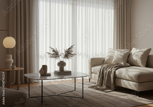 Cozy Japandi Living Room with a Beige Sofa and Soft Natural Sunlight
