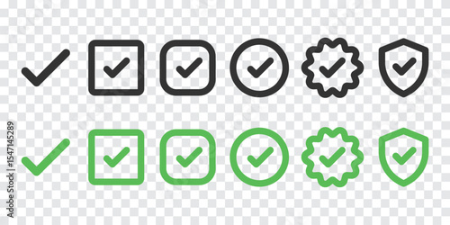 Set of checkmark icons in black and green. Includes checkmarks in squares, circles, badges, and shields. Checkmark icons for approval and verification. Vector element set.
