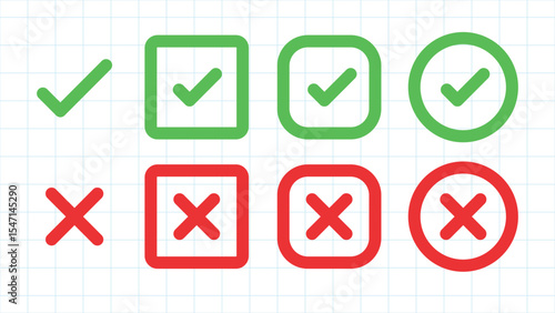 Green check marks and red X marks on a grid background. Check marks and X marks in various shapes. Symbols for correct and incorrect. Check and X marks. Vector element set.