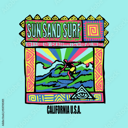 HAND DRAWN VINTAGE RETRO SURF BEACH OCEAN 90S 80S PERSON SPORT ACTIVITY ABSTRACT TSHIRT TEE PRINT FOR APPAREL MERCHANDISE