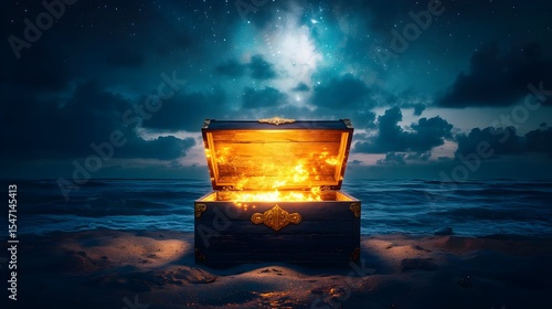 Treasure chest, Chest, Wooden chest, Glowing Treasure Chest on a Night Beach