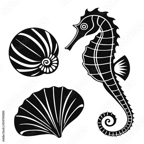Sea Shells and Animal Silhouette – Black Vector Isolated Marine Shell Illustration
