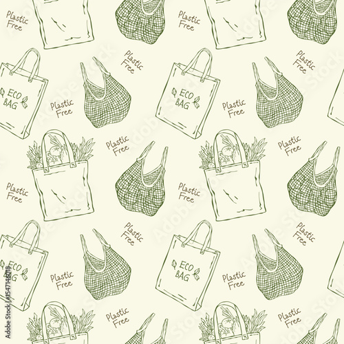 Seamless vector line pattern of reusable shopping bags and mesh nets. Hand-drawn doodle style, perfect for eco-friendly, zero waste, and sustainable lifestyle designs