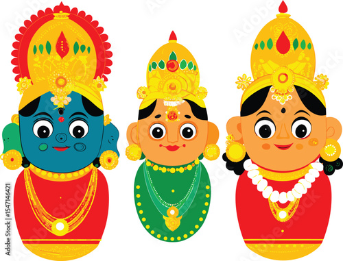 Three colorful Hindu deity dolls for Golu festival celebration