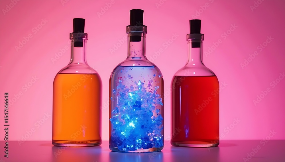 Bottles potions liquids colorful alchemy glass container magic still life Bottles potions liquids colorful alchemy glass container magic still life