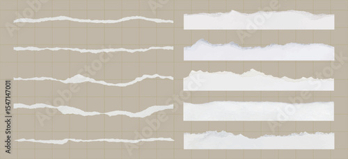 Collection of torn paper edges on a grid background. Torn paper strips, torn paper textures, and torn paper designs create a rustic, artistic feel. Ripped element set. Vectors.