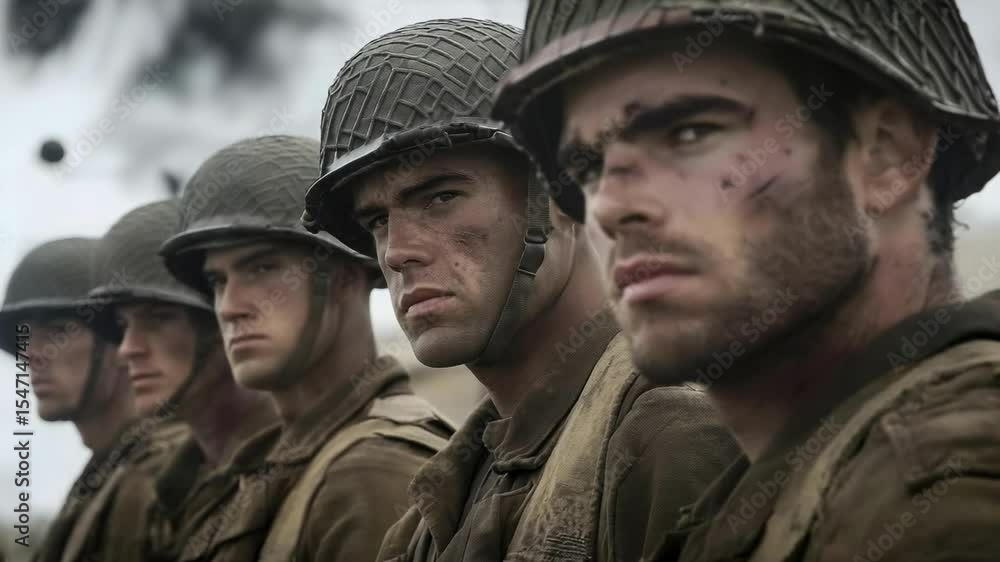 A group of soldiers in military gear, displaying determination and dirt, likely in a wartime setting. A group of soldiers in military gear, displaying determination and dirt, likely in a wartime setting.