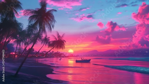 Vibrant Pink Sunset over Tropical Beach with Boat