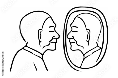 Elderly Man Looking at His Reflection in Oval Mirror Black and White Line Art