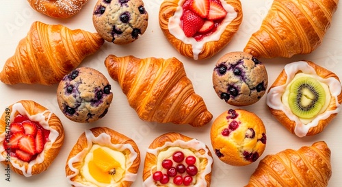 Aerial view of croissants, muffins, and fruit pastries on a light surface arranged together nicely