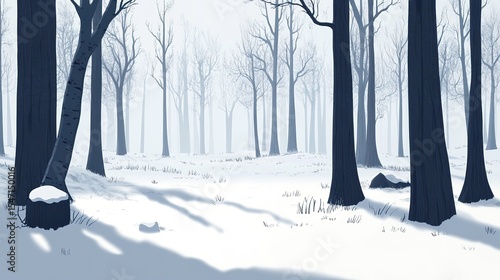 minimal forest composition, empty snow-covered field