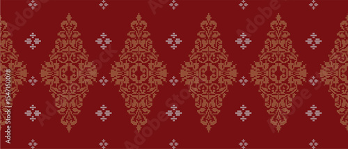 Batik Songket traditional design background. Seamless pattern embroidery Embroidery on fabric. Seamless pattern. Vector illustration for web design or print.