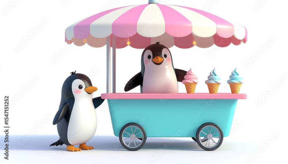 Obraz premium Cute cartoon penguin selling ice cream from a colorful cart on a sunny day,