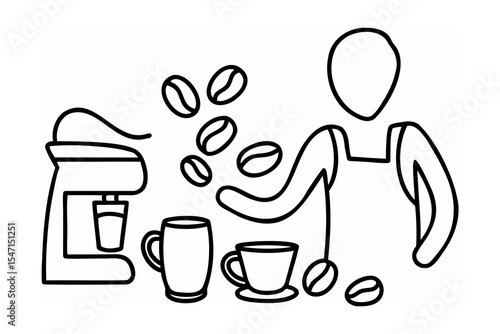 Line Art Coffee Maker Barista Coffee Beans Cups vector