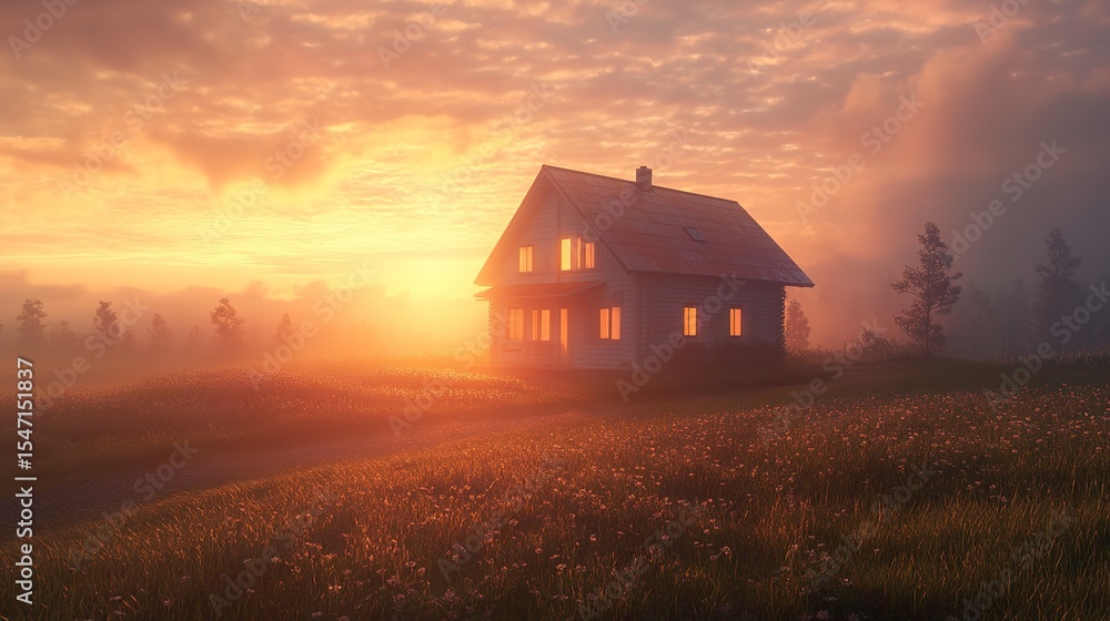 Remote home glowing under sunrise sky Remote home glowing under sunrise sky