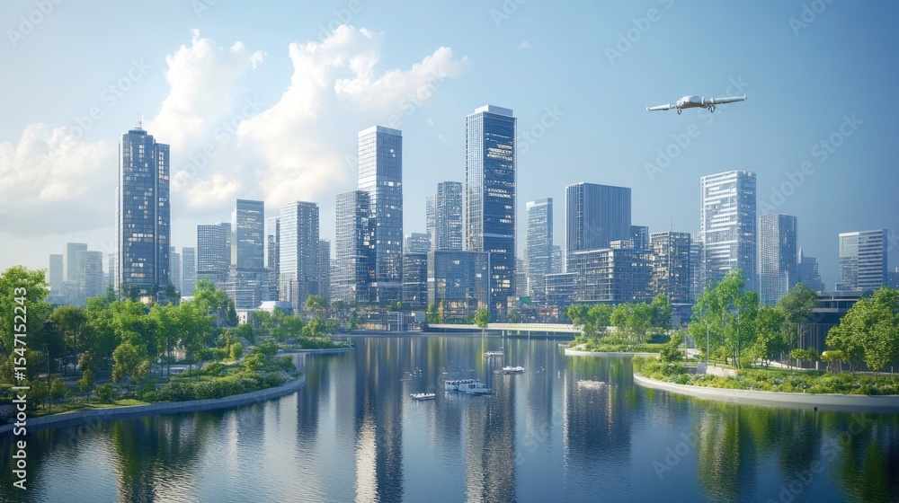 Metropolitan skyline with serene waterfront and airplane soaring above city Metropolitan skyline with serene waterfront and airplane soaring above city