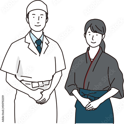 日本料理店で働く男女の従業員のイラスト素材
