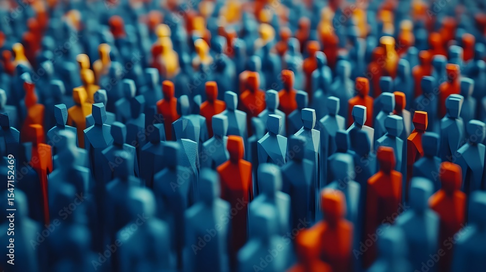 Fototapeta premium Crowd, People, Figures, Crowd of Abstract Figures in Blue, Red, and Gold