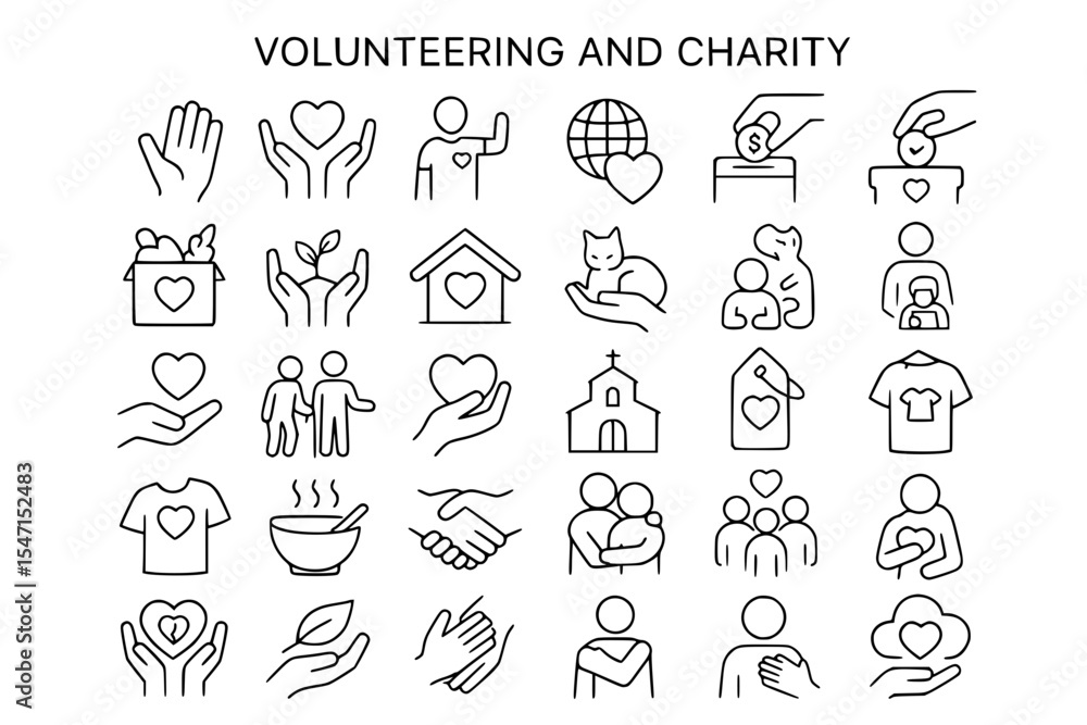 Obraz premium Volunteering and Charity Line Icons Set